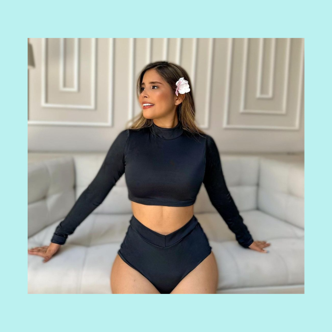 Long Sleeve Classy Black Sand -Two Piece High Waist -  Control de Abdomen - Swimwear